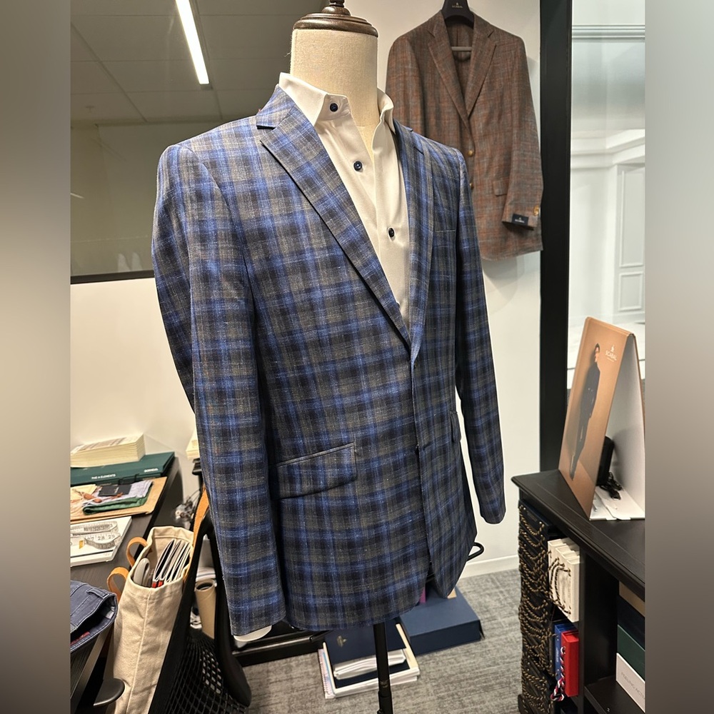 Blue Plaid Men's Blazer Wool & Linen